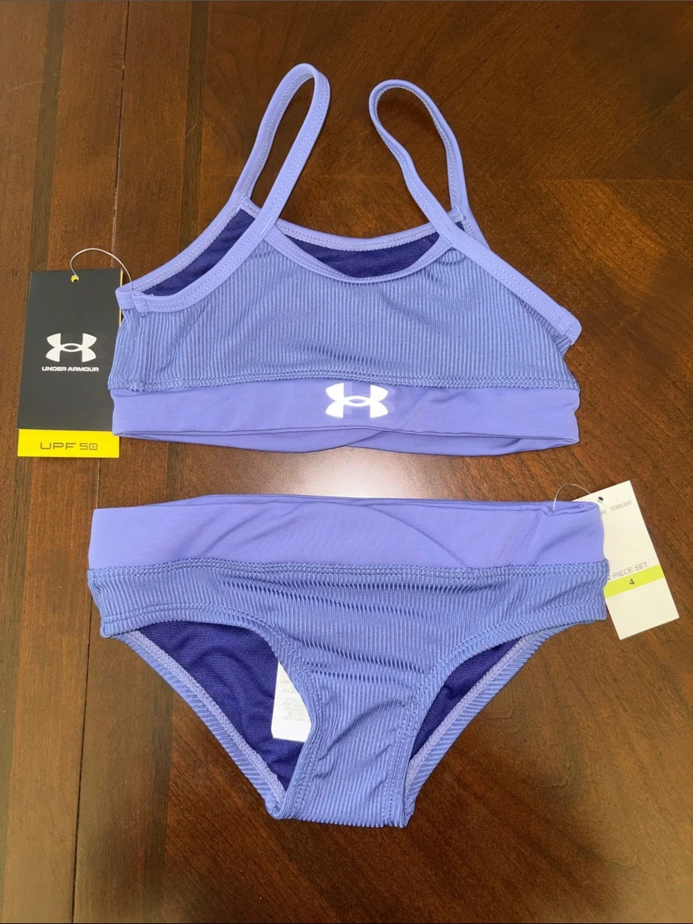 Under Armour Girls 4 periwinkle Purple Ribbed 2 Piece Swimsuit Bikini NWT $36